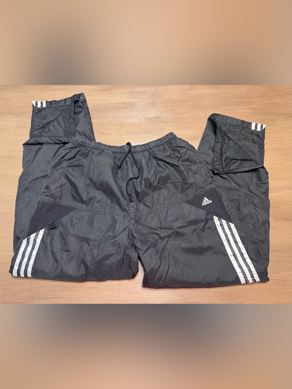 Vintage 90s Adidas Track Pants Mens L Black Nylon 3 Stripe Windbreaker Ankle Zip
